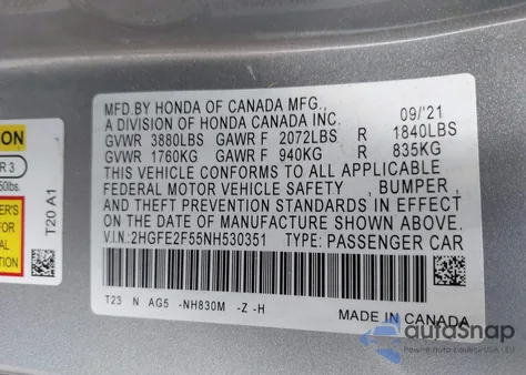 2022 Honda Civic Sport из США, поврежденный, VIN 2HGFE2F55NH530351